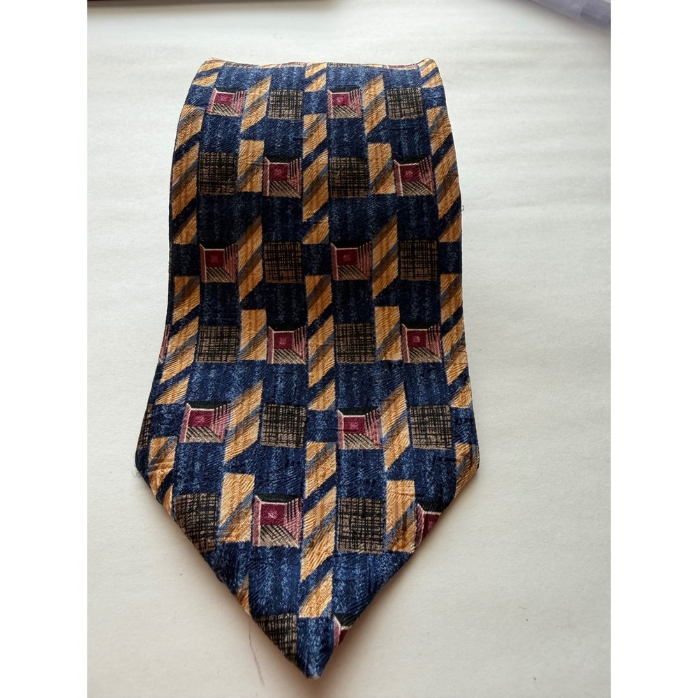 Perry Ellis Portfolio Silk Necktie Blue‎ Gold Geometric Men's Fashion
